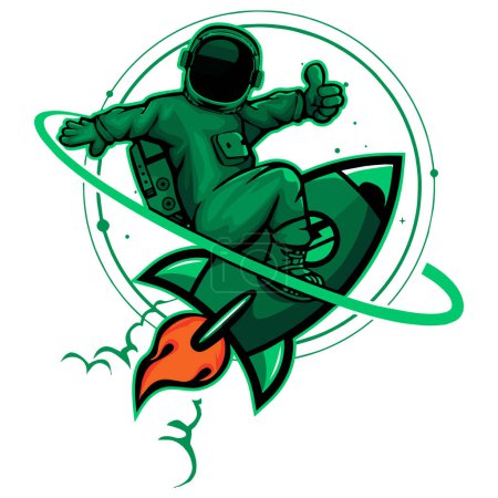 Ilustración de Un astronauta divertido montando un cohete. Ilustración vectorial para camisetas, sudaderas con capucha, sitio web, impresión, aplicación, logotipo, clip art, póster e impresión de mercancías bajo demanda. - Imagen libre de derechos