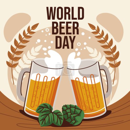Ilustración de Retro gráfico del Día Internacional de la Cerveza ilustración diseño vintage con tazas. Vector. - Imagen libre de derechos