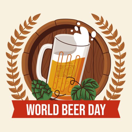Ilustración de Retro gráfico del Día Internacional de la Cerveza ilustración diseño vintage con taza. Vector. - Imagen libre de derechos