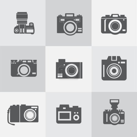 Téléchargez les illustrations : Icônes vectorielles appareil photo réglées. Icônes de caméra intelligente DSLR et collection de logo. - en licence libre de droit