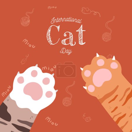 Illustration for Happy International Cat Day, 8th August. Adopt me. Greeting or invitation card vector design. Cute cat paws in vintage cartoon style. Vector illustration. - Royalty Free Image