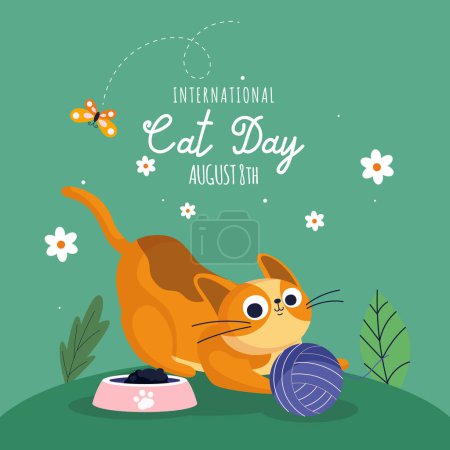Illustration for Happy International Cat Day, 8th August. Adopt me. Greeting or invitation card vector design. Cute cat in vintage cartoon style. Vector illustration. - Royalty Free Image