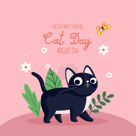 Ilustración de Happy International Cat Day, 8th August. Adopt me. Greeting or invitation card vector design. Cute cat in vintage cartoon style. Vector illustration. - Imagen libre de derechos