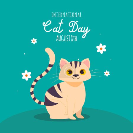 Téléchargez les illustrations : Happy International Cat Day, 8th August. Adopt me. Greeting or invitation card vector design. Cute cat in vintage cartoon style. Vector illustration. - en licence libre de droit