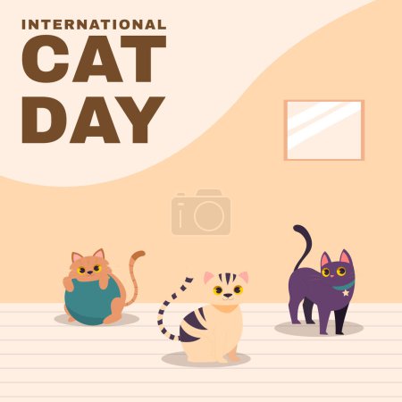 Ilustración de Happy International Cat Day, 8th August. Adopt me. Greeting or invitation card vector design. Cute cats smiling in vintage watercolor cartoon style. Vector illustration. - Imagen libre de derechos