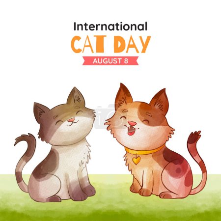 Téléchargez les illustrations : Happy International Cat Day, 8th August. Adopt me. Greeting or invitation card vector design. Cute cats smiling in vintage watercolor cartoon style. Vector illustration. - en licence libre de droit