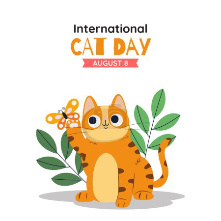 Téléchargez les illustrations : Happy International Cat Day, 8th August. Adopt me. Greeting or invitation card vector design. Cute cat in vintage cartoon style. Vector illustration. - en licence libre de droit