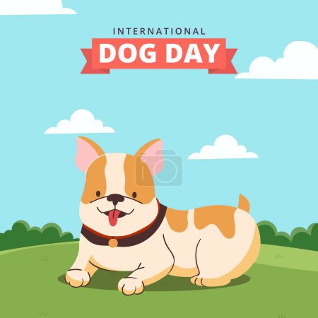 Téléchargez les illustrations : Happy International Dog Day, 26th August. Greeting card vector design. Cute dog in vintage cartoon style. Vector illustration. - en licence libre de droit