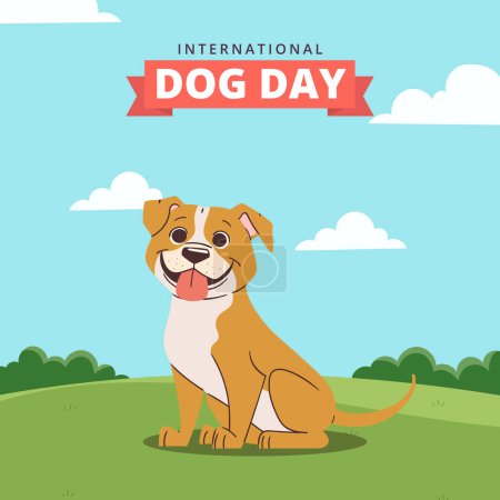 Ilustración de Happy International Dog Day, 26th August. Greeting card vector design. Cute dog in vintage cartoon style. Vector illustration. - Imagen libre de derechos