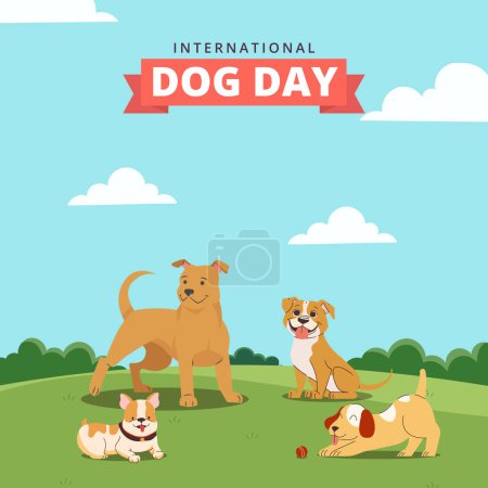 Happy International Dog Day, 26th August. Greeting card vector design. Cute dogs in vintage cartoon style. Vector illustration.