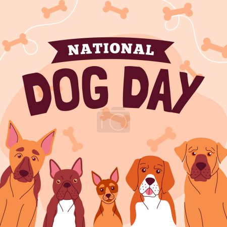 Happy International Dog Day, 26th August. Greeting card vector design. Cute dogs in vintage cartoon style. Vector illustration.