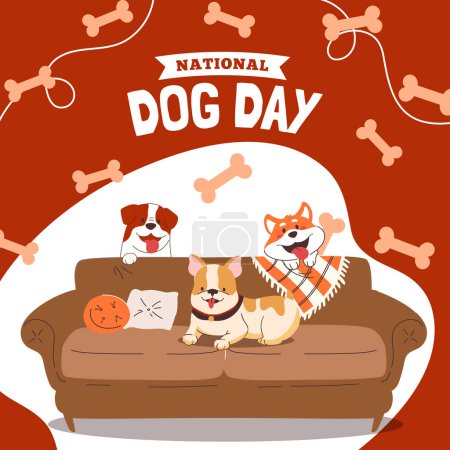 Ilustración de Happy International Dog Day, 26th August. Greeting card vector design. Cute dogs in vintage cartoon style. Vector illustration. - Imagen libre de derechos