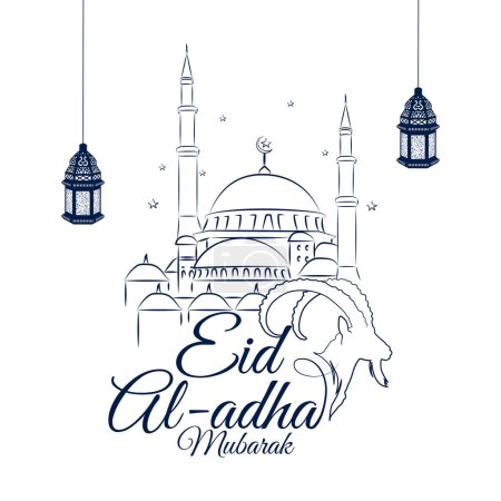 Illustration for Silhouette of a mosque or masjid in line art style. Background for Eid, Ramadan and other Islamic greetings, Calligraphy for greeting cards design. Vector illustration. - Royalty Free Image