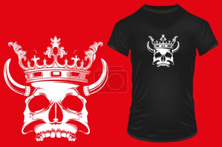 Ilustración de Silhouette of devil skull with horns and crown. Vector illustration for t-shirt, website, print, clip art, poster and print on demand merchandise. - Imagen libre de derechos