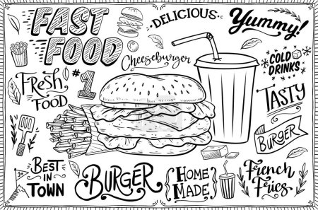 Illustration for Silhouettes of burger, french fries and soft drink. Template with some typography for wall art, menu, flyer, posters print of cafe, restaurant. Sketch vector illustration, vintage style. - Royalty Free Image