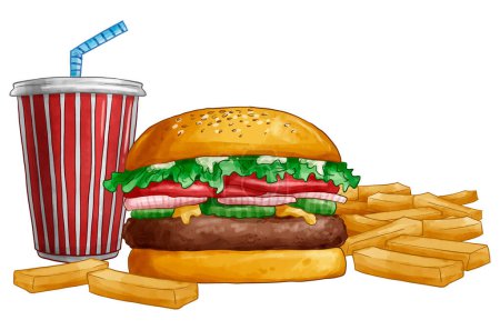 Téléchargez les illustrations : Burger à l'aquarelle, frites et boissons gazeuses. Grand sandwich au bœuf délicieux avec des croustilles et un verre de cola. Illustration vectorielle aquarelle, style vintage. - en licence libre de droit