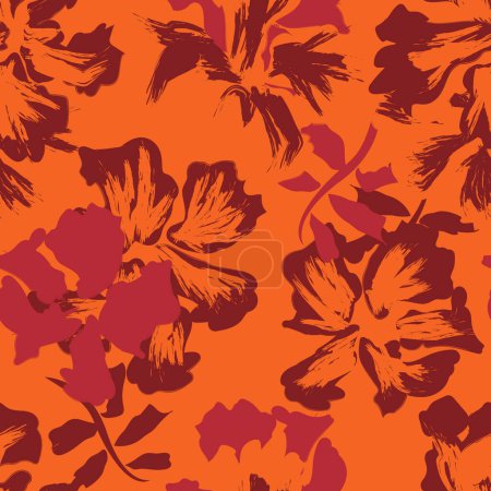 Illustration for Seamless classic premium pattern in pop art orange with hand drawn watercolor flowers with brush strokes. Luxury botanical watercolor illustration and background - Royalty Free Image