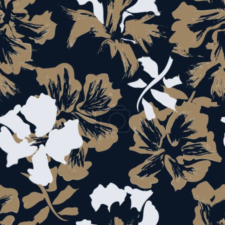 Illustration for Seamless classic premium pattern in dark blue and beige color with hand drawn watercolor flowers with brush strokes. Luxury botanical watercolor illustration and background - Royalty Free Image