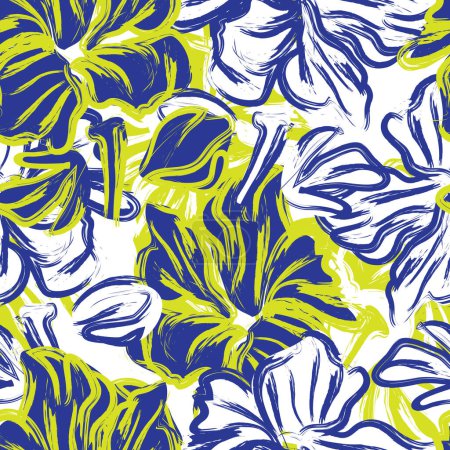 Illustration for Seamless classic premium pattern in blue and yellow with hand drawn watercolor flowers with brush strokes. Luxury botanical watercolor illustration and background - Royalty Free Image