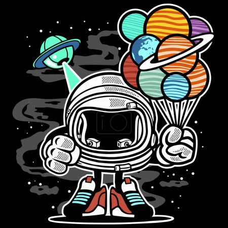 Téléchargez les illustrations : Cute funny astronaut carrying planets like balloons. Vector illustration for t-shirt, website, print, clip art, poster and print on demand merchandise. - en licence libre de droit