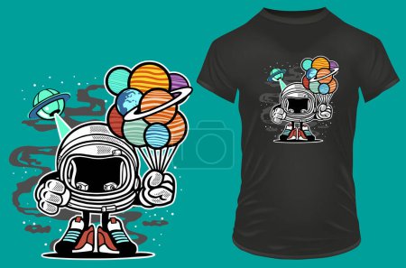 Illustration for Cute funny astronaut carrying planets like balloons. Vector illustration for t-shirt, website, print, clip art, poster and print on demand merchandise. - Royalty Free Image