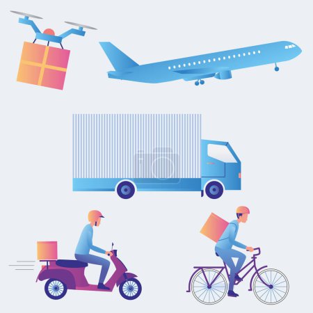 Ilustración de Canales de entrega de mercancías. Drone, avión, camión, scooter, bicicleta. Compras en línea. Medios de transporte. Ilustración vectorial. - Imagen libre de derechos