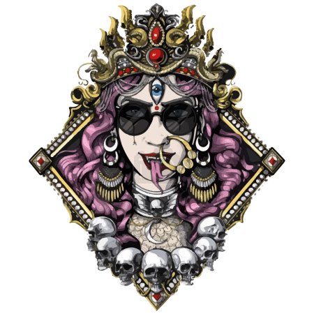 Illustration for Cool hindu goddess of death. Vector illustration for t-shirt, hoodie, website, print, application, logo, clip art, poster and print on demand merchandise. - Royalty Free Image