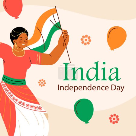 Ilustración de Happy independence day India Vector Template Design. 15th August background. Woman dancing with an Indian waving flag. Vector illustration design. - Imagen libre de derechos