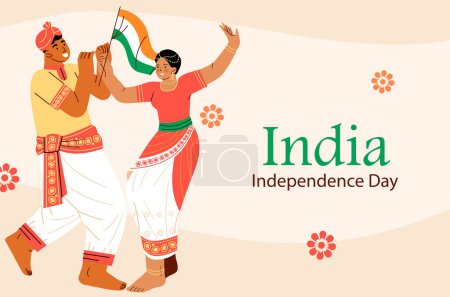 Illustration for Happy independence day India Vector Template Design. 15th August background. Indian male and female dancing and celebrating with Flag. Vector illustration design. - Royalty Free Image
