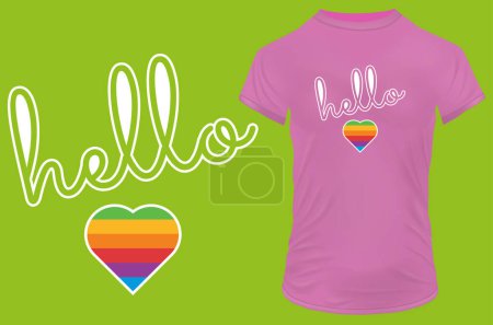 Téléchargez les illustrations : Typography of word Hello and LGBTQIA+ pride flag in heart shape. Vector illustration for t-shirt, website, print, clip art, poster and print on demand merchandise. - en licence libre de droit