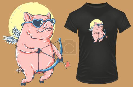 Illustration for Funny love angel pig with hearth shape glasses and bow arrow. Vector illustration for t-shirt, hoodie, website, print, application, logo, clip art, poster and print on demand merchandise. - Royalty Free Image