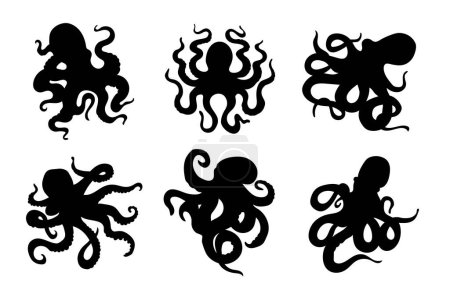 Téléchargez les illustrations : Set of octopuses logos. Isolated silhouette octopus on white background - en licence libre de droit