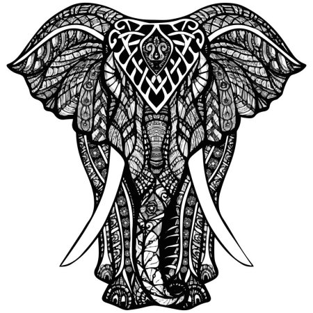 Ilustración de Dibujo zentangle elefante, para colorear libro para adultos u otras decoraciones. Ilustración versión en blanco y negro - Imagen libre de derechos
