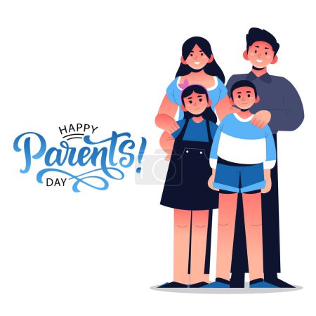 Illustration for Happy Parents day, Cute happy family in cartoon style. Vintage vector illustration for a global day of parents. Father, mother and son. For Posters, Banners, campaigns and greeting cards. - Royalty Free Image