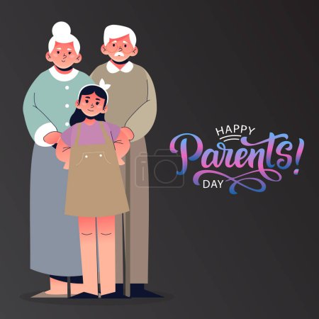 Ilustración de Feliz día de los padres, linda familia feliz en estilo de dibujos animados. Ilustración vectorial vintage para un día global de padres. Padre, madre e hijo. Para carteles, pancartas, campañas y tarjetas de felicitación. - Imagen libre de derechos