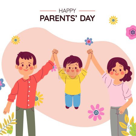 Illustration for Happy Parents day, Cute happy family in cartoon style. Vintage vector illustration for a global day of parents. Father, mother and son. For Posters, Banners, campaigns and greeting cards. - Royalty Free Image