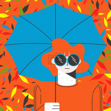 Ilustración de Belleza Mujer asiática con un paraguas y gafas en la temporada de otoño y hojas de colores que caen en el fondo naranja. Ilustración vectorial. - Imagen libre de derechos
