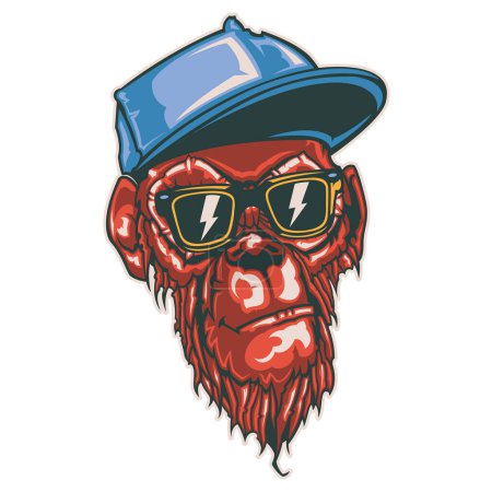 Illustration for Handsome cool monkey with a hat and glasses in cartoon style. Funny vector illustration for t-shirt, hoodie, website, print, application, logo, clip art, poster and print on demand merchandise. - Royalty Free Image