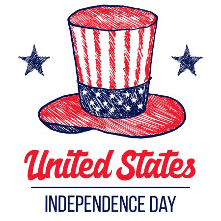 Illustration for 4th of July greeting card with American hat brush stroke background in United States national flag colors and hand lettering text Happy Independence Day. Vector illustration. - Royalty Free Image