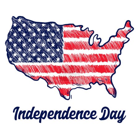 Illustration for 4th of July greeting card with American map brush stroke background in United States national flag colors and hand lettering text Happy Independence Day. Vector illustration. - Royalty Free Image