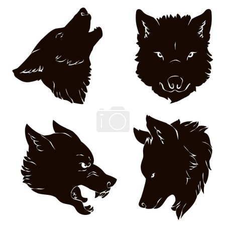 Illustration for Set of wolf logo silhouettes isolated on white background. Business logo, sticker, print or tattoo design vector illustration. Pagan totem, wiccan familiar spirit art. Vector illustration. - Royalty Free Image