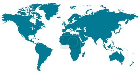 Vector de mapa del mundo, aislado sobre fondo blanco. Tierra plana, plantilla de mapa azul para el patrón del sitio web, informe anual, infografías. Globo icono de mapa del mundo similar. Viajar por todo el mundo, mapa silueta telón de fondo.