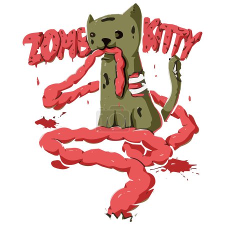 Illustration for Zombie kitty. Funny zombie cat eating sausage. Vector illustration. - Royalty Free Image