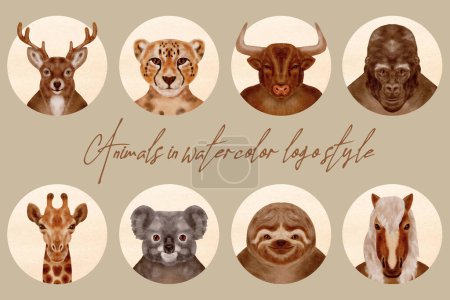 Illustration for Set of animals heads in vintage watercolor sketch style. Profile pictures, Vector illustration for t-shirt, website, print, clip art, logos, icons, poster and print on demand merchandise. - Royalty Free Image