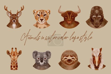 Illustration for Set of animals heads in vintage watercolor sketch style. Profile pictures, Vector illustration for t-shirt, website, print, clip art, logos, icons, poster and print on demand merchandise. - Royalty Free Image