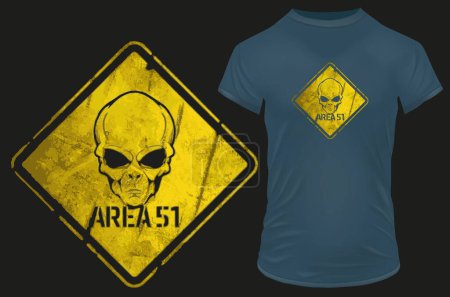 Illustration for Warning Area 51. Grungy caution sign with alien skull. Vector illustration for tshirt, website, print, clip art, poster and print on demand merchandise. - Royalty Free Image