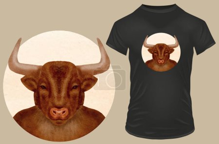 Illustration for Bull head in vintage watercolor sketch style. Vector illustration for tshirt, website, print, clip art, logo, icon, poster and print on demand merchandise. - Royalty Free Image
