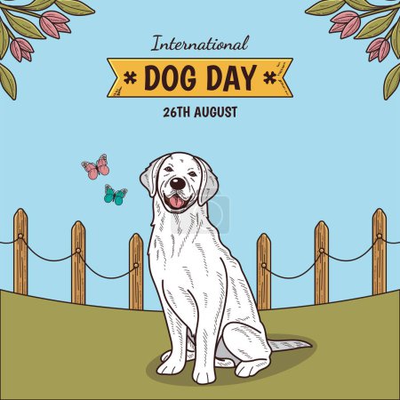 Illustration for Happy International Dog Day, 26th August. Greeting card vector design. Cute Maremma sheepdog in vintage cartoon style. Vector illustration. - Royalty Free Image