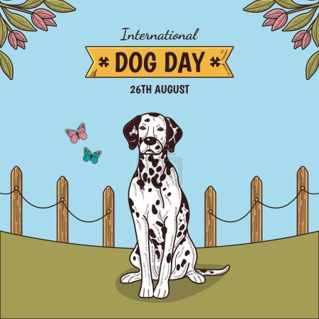 Illustration for Happy International Dog Day, 26th August. Greeting card vector design. Cute dalmatian dog in vintage cartoon style. Vector illustration. - Royalty Free Image