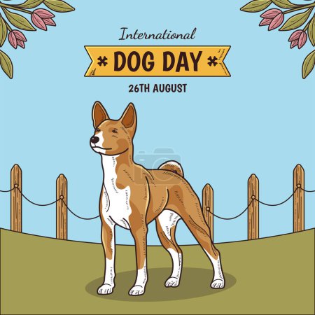 Illustration for Happy International Dog Day, 26th August. Greeting card vector design. Cute basenji dog in vintage cartoon style. Vector illustration. - Royalty Free Image
